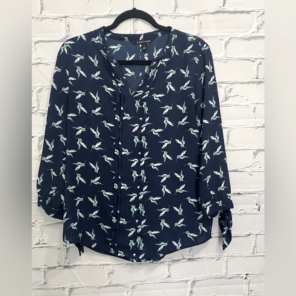 Womans 41 Hawthorn Melissa blue chiffon bird print blouse
